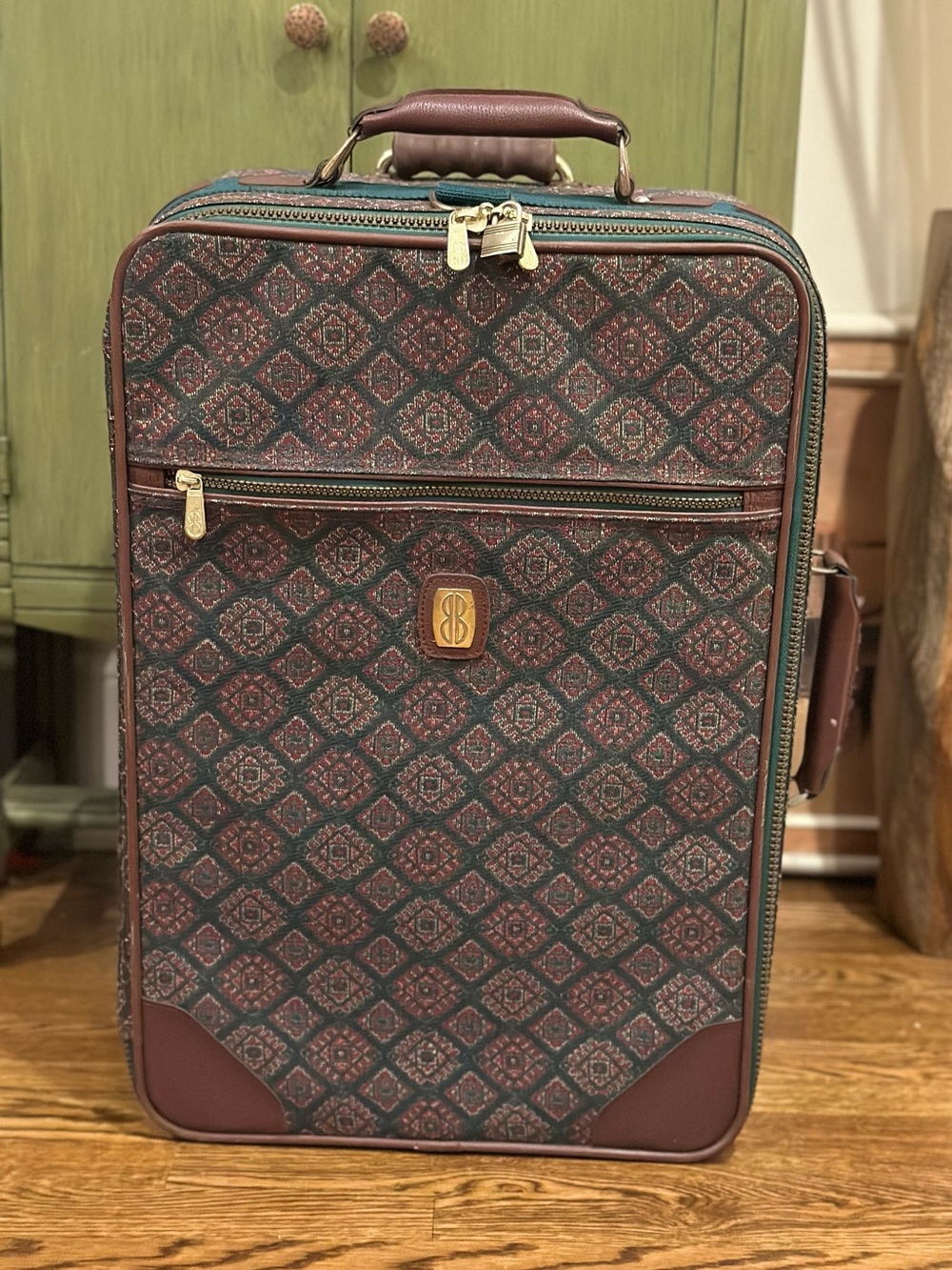 Vintage Bill Blass Tapestry Rolling Suitcase Green Burgundy Luggage